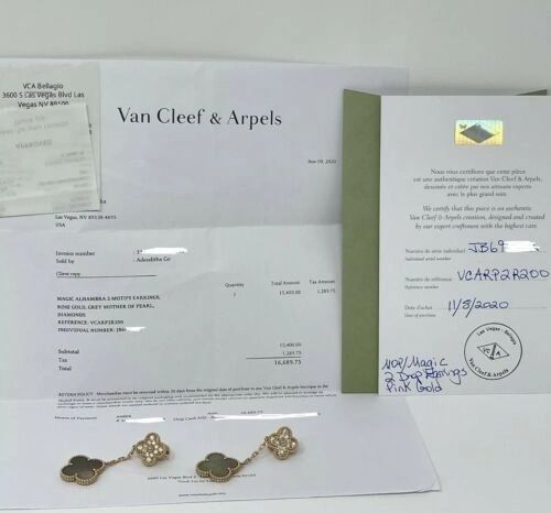 Van Cleef & Arpels Rose Gold Alhambra Diamond Earrings 2 Magic MOP Motifs