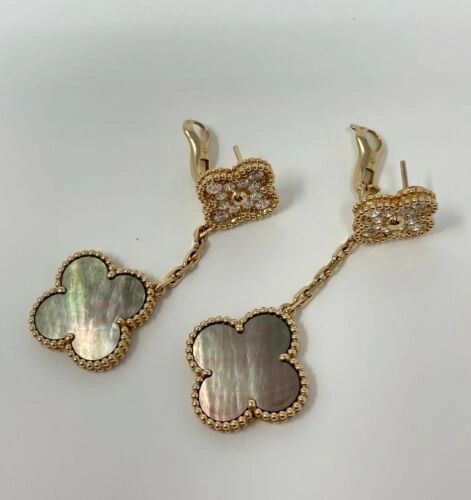 Van Cleef & Arpels Rose Gold Alhambra Diamond Earrings 2 Magic MOP Motifs