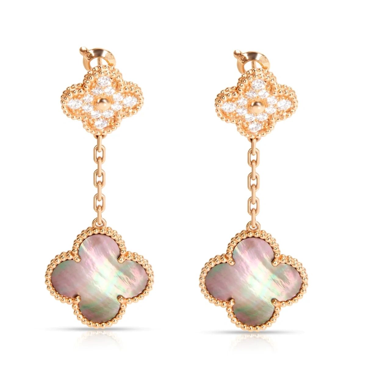 Van Cleef & Arpels Rose Gold Alhambra Diamond Earrings 2 Magic MOP Motifs
