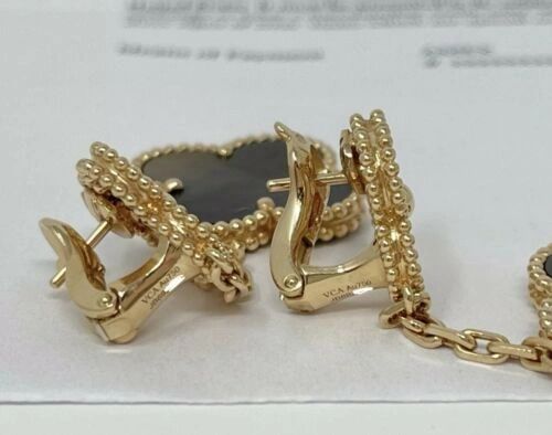 Van Cleef & Arpels Rose Gold Alhambra Diamond Earrings 2 Magic MOP Motifs