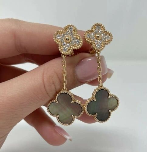 Van Cleef & Arpels Rose Gold Alhambra Diamond Earrings 2 Magic MOP Motifs