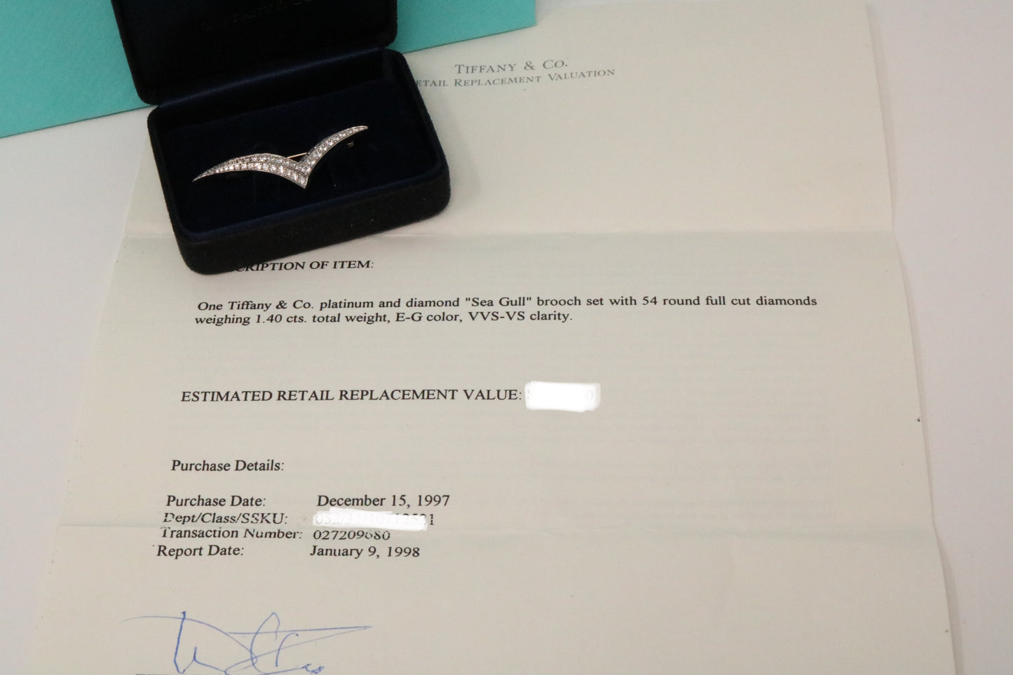 Tiffany & Co Platinum & Diamond Pin Brooch SEAGULL 1.40ct Large
