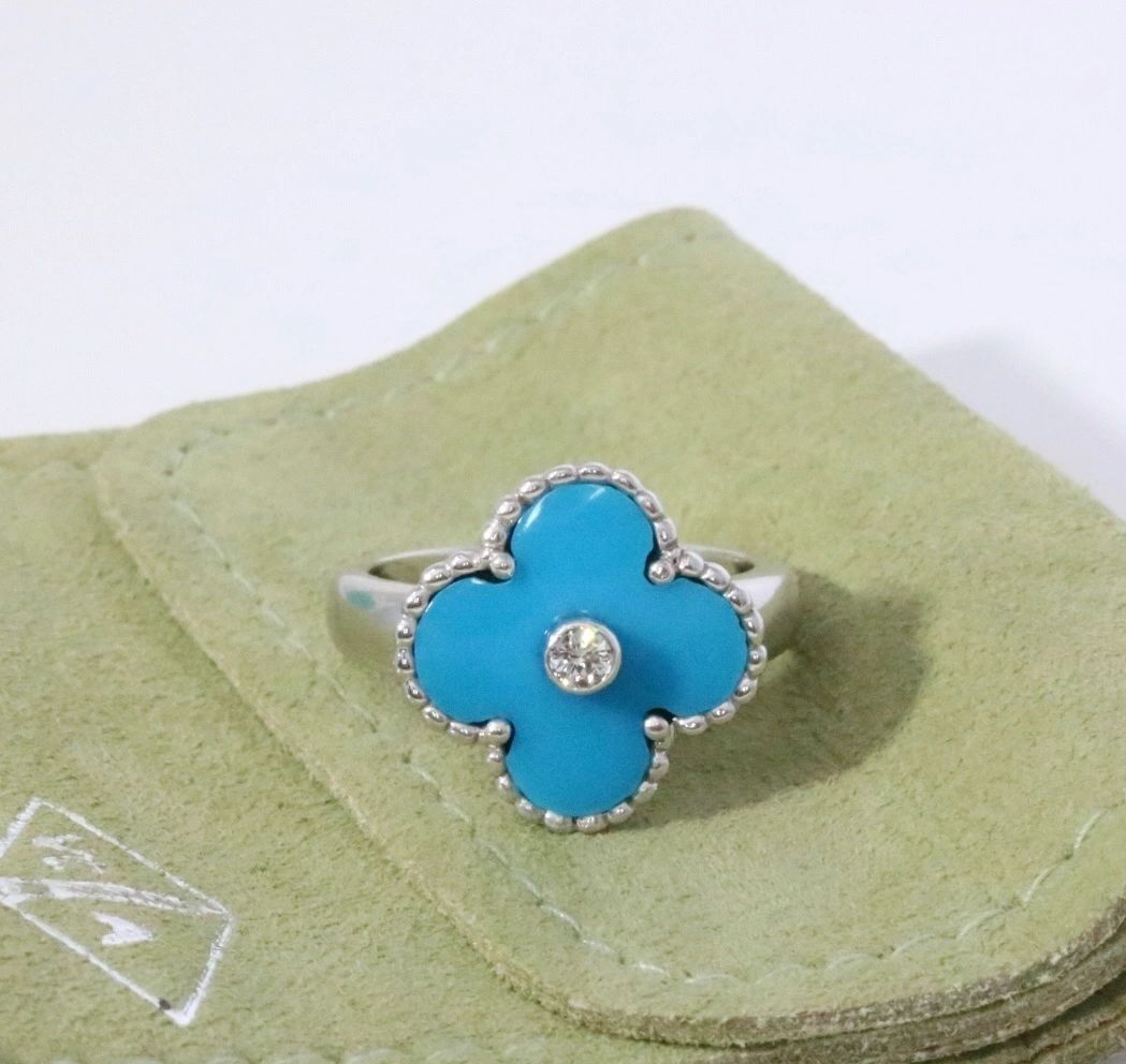 Van Cleef & Arpels Vintage Alhambra 18k White Gold Diamond Turquoise Ring