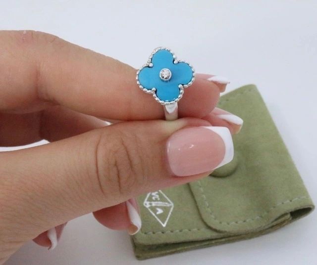 Van Cleef & Arpels Vintage Alhambra 18k White Gold Diamond Turquoise Ring