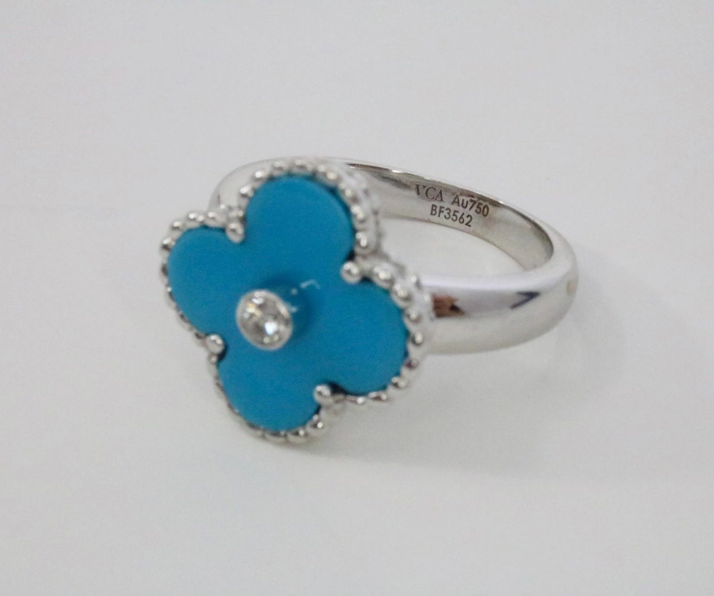 Van Cleef & Arpels Vintage Alhambra 18k White Gold Diamond Turquoise Ring