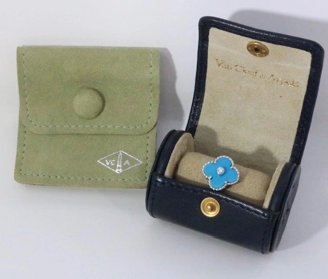 Van Cleef & Arpels Vintage Alhambra 18k White Gold Diamond Turquoise Ring