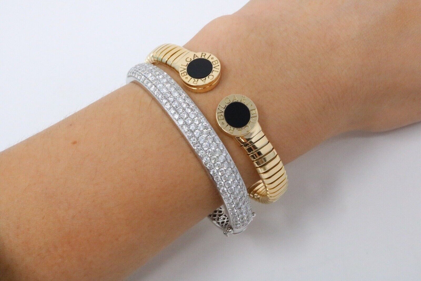 Bvlgari Tubogas Cuff Bangle Bracelet 18K Yellow Gold And Onyx