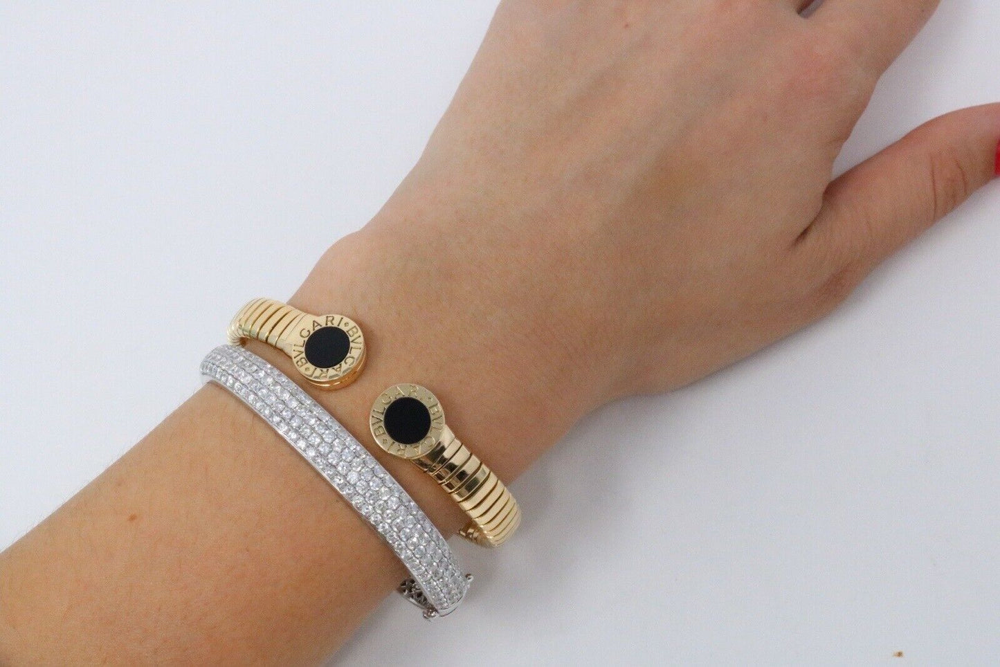 Bvlgari Tubogas Cuff Bangle Bracelet 18K Yellow Gold And Onyx