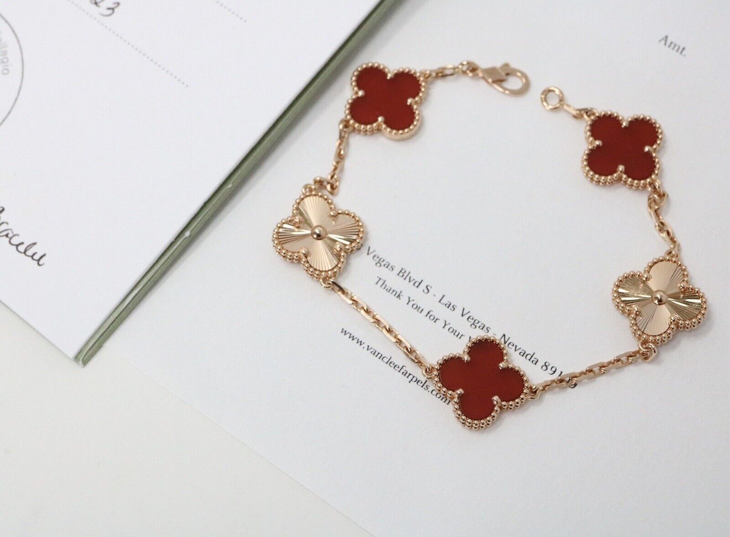 Van Cleef And Arpels Rose Gold Guilloche & Carnelian Vintage Alhambra Bracelet