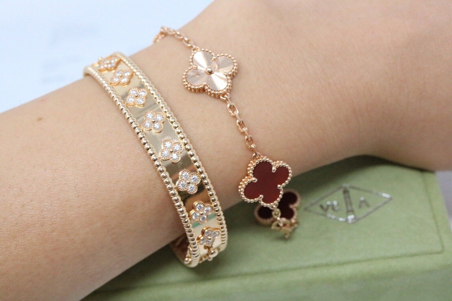 Van Cleef And Arpels Rose Gold Guilloche & Carnelian Vintage Alhambra Bracelet