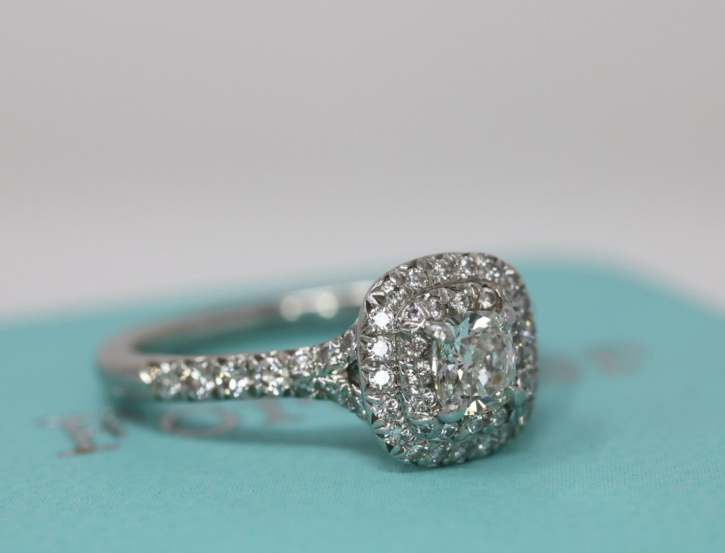 Tiffany & Co Platinum Soleste Cushion 0.46ct Diamond Halo Engagement Ring