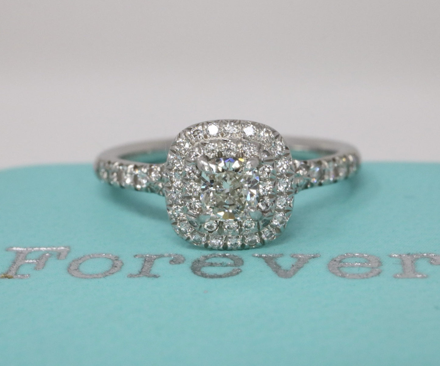 Tiffany & Co Platinum Soleste Cushion 0.46ct Diamond Halo Engagement Ring