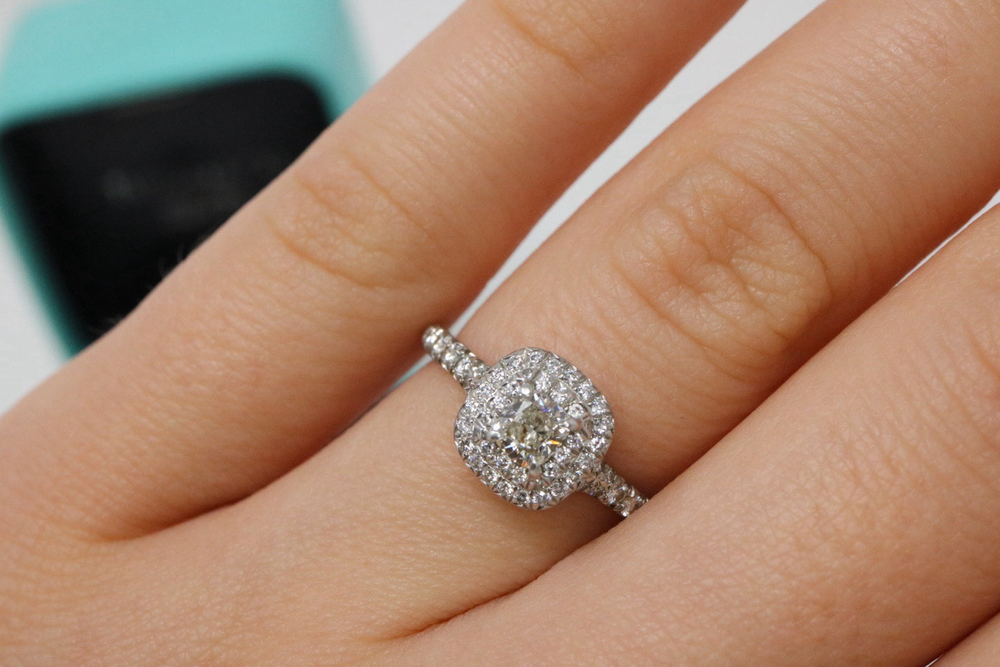 Tiffany & Co Platinum Soleste Cushion 0.46ct Diamond Halo Engagement Ring