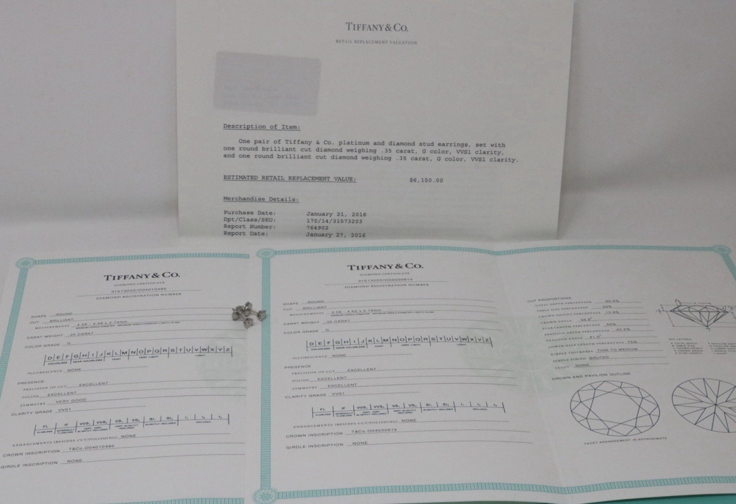 Tiffany & Co Platinum Round Brilliant Cut Diamond Stud Earrings .70ct
