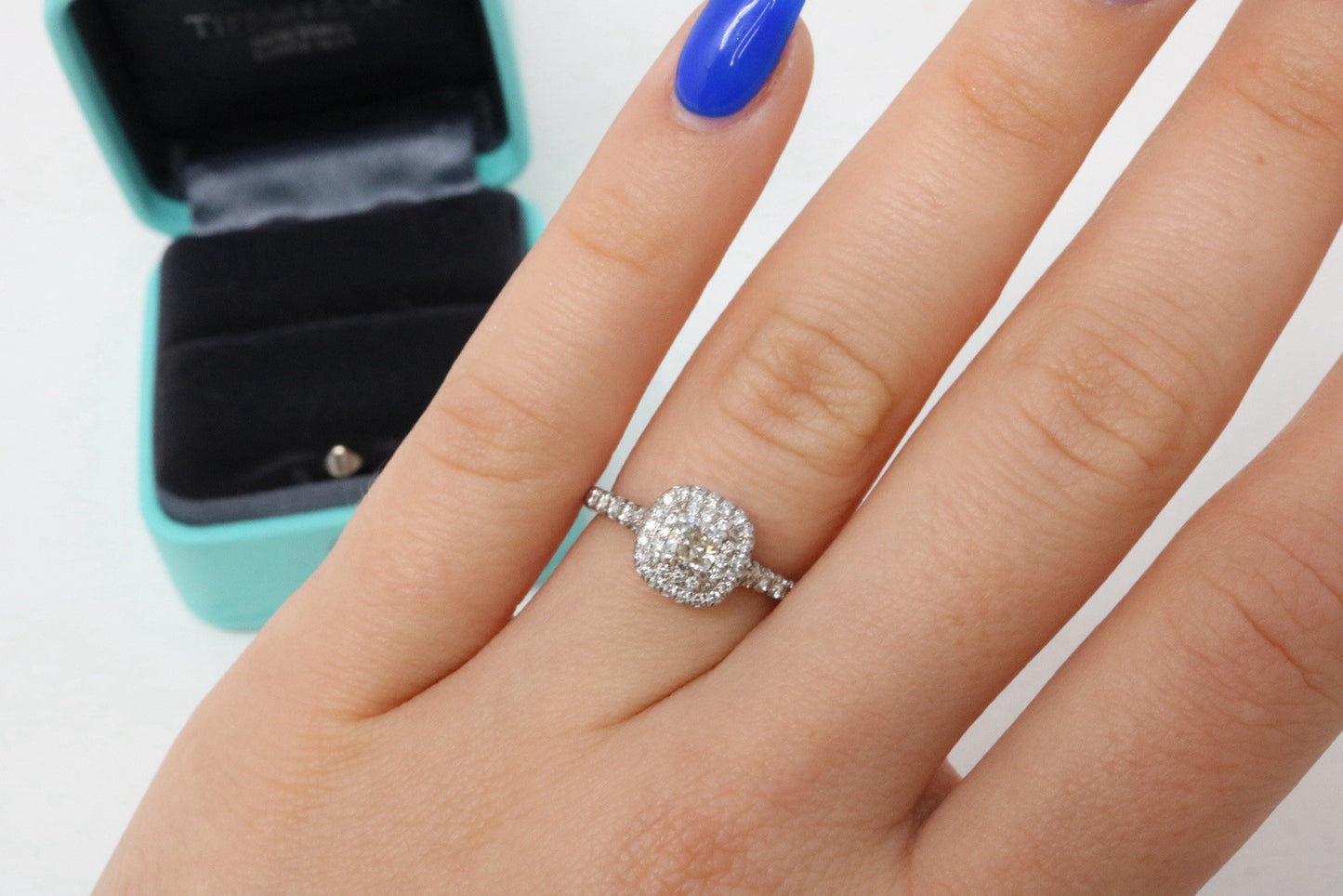 Tiffany & Co Platinum Soleste Cushion 0.46ct Diamond Halo Engagement Ring
