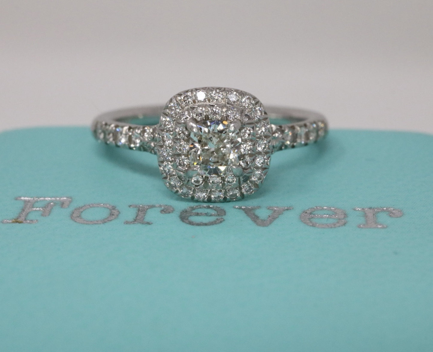 Tiffany & Co Platinum Soleste Cushion 0.46ct Diamond Halo Engagement Ring