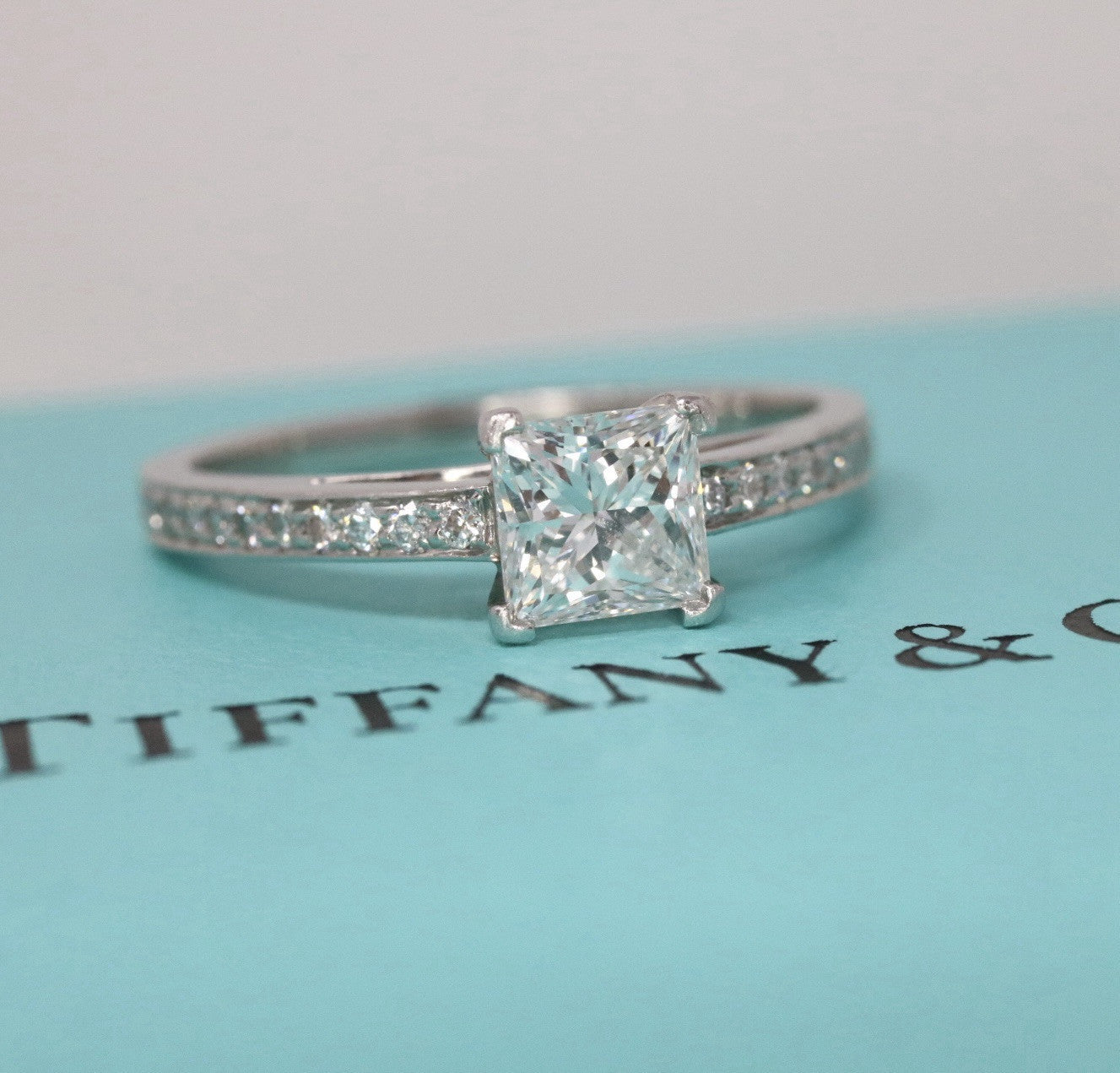 Tiffany & Co Princess Cut .81ct Diamond Engagement Ring Platinum E VS1