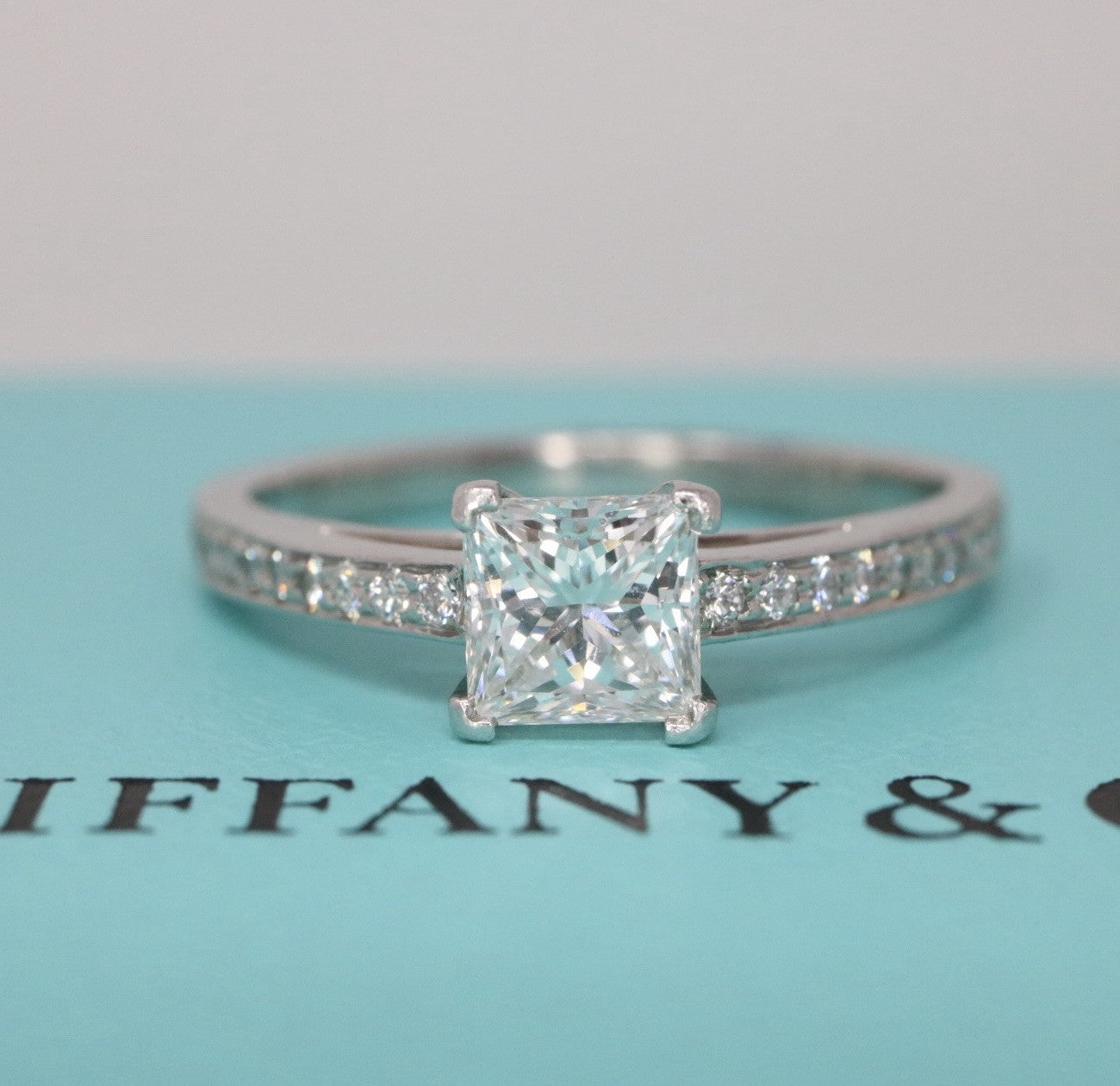 Tiffany & Co Princess Cut .81ct Diamond Engagement Ring Platinum E VS1