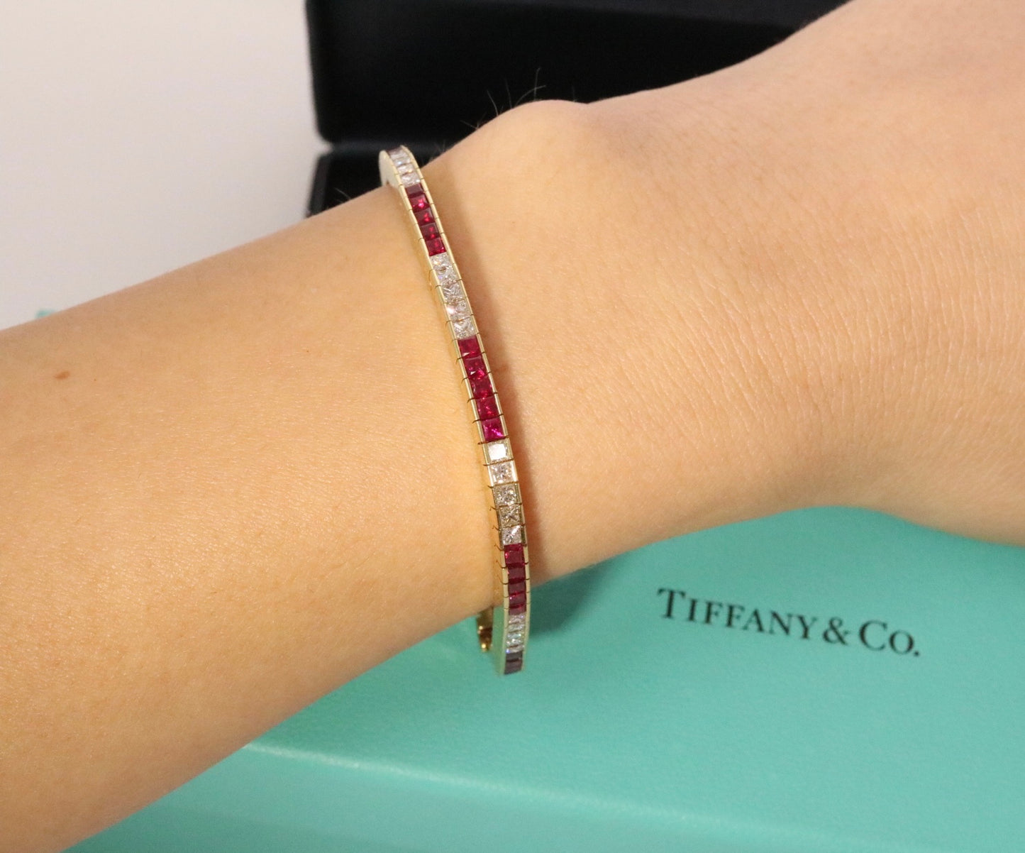 Tiffany & Co 6.78CTW Ruby and Princess Cut Diamond Line Tennis Bracelet