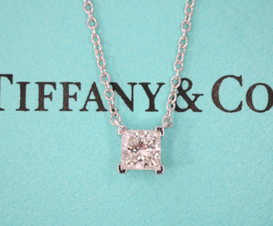 Tiffany & Co Platinum VVS2 H Princess Cut Solitaire Diamond Pendant Necklace 16”