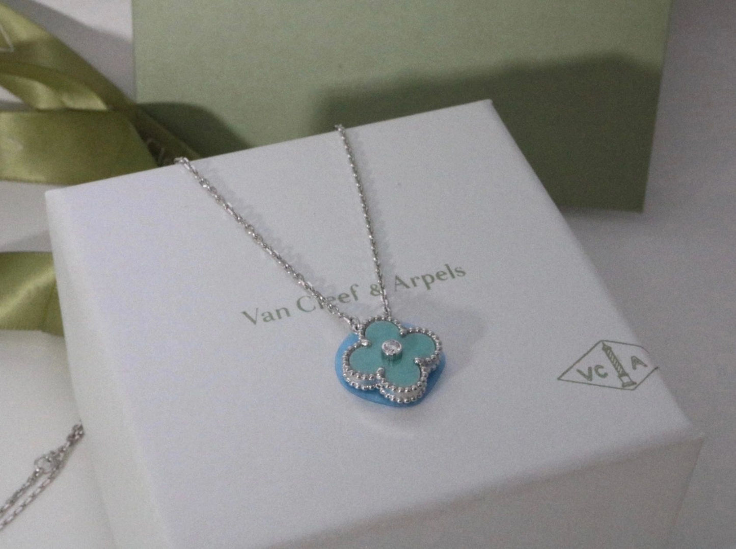 Van Cleef & Arpels 2022 Holiday Pendant Celadon Green Sèvres Alhambra Diamond