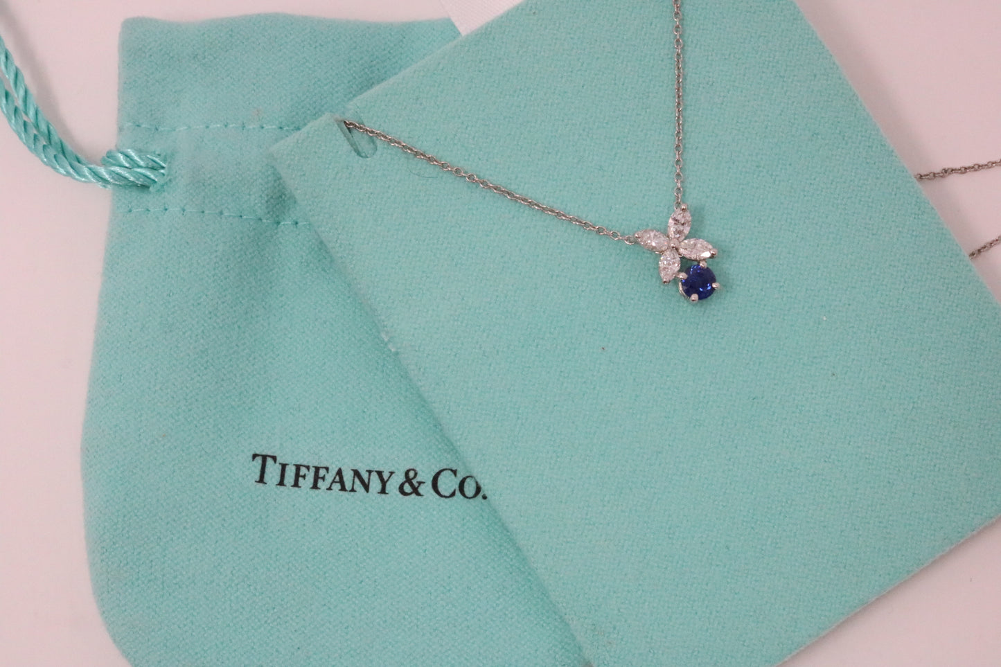 Tiffany & Co Victoria .78CT Diamond & Sapphire Pendant Necklace Platinum