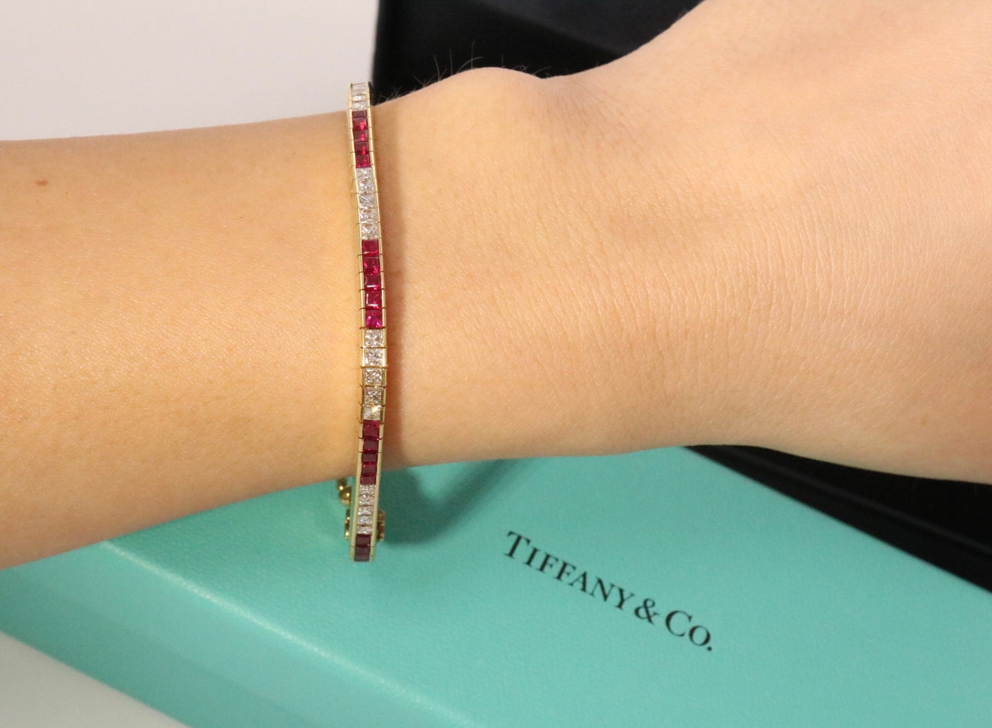 Tiffany & Co 6.78CTW Ruby and Princess Cut Diamond Line Tennis Bracelet