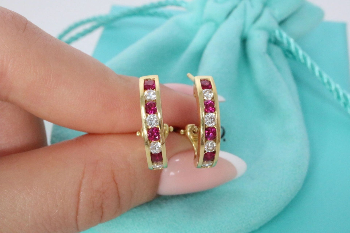 Tiffany & Co Ruby Diamond Channel Hoop Earrings 18k Yellow Gold