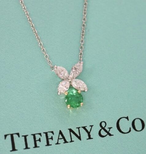 Tiffany & Co Victoria Marquise Diamond & Emerald Pendant Necklace