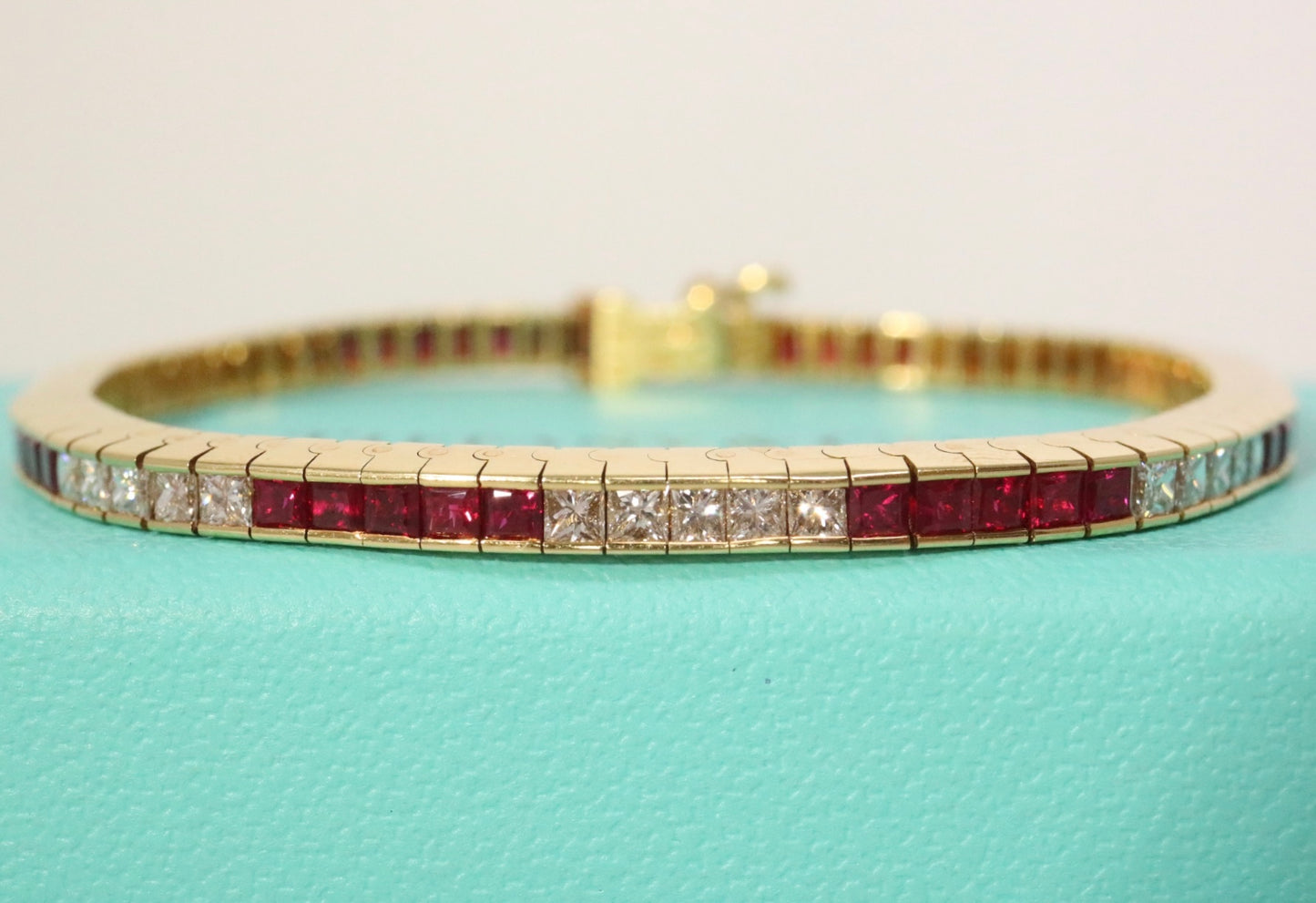 Tiffany & Co 6.78CTW Ruby and Princess Cut Diamond Line Tennis Bracelet