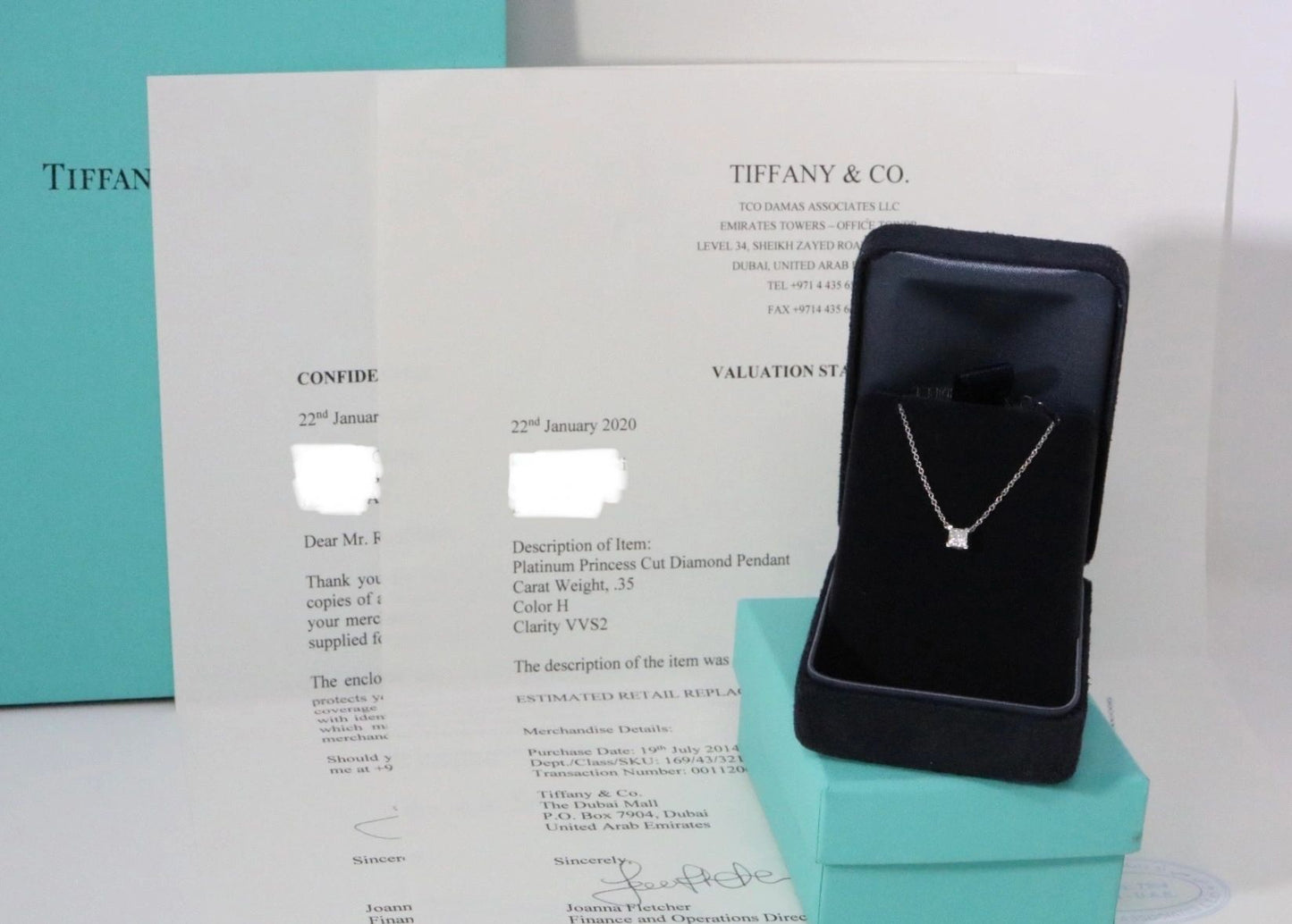 Tiffany & Co Platinum VVS2 H Princess Cut Solitaire Diamond Pendant Necklace 16”