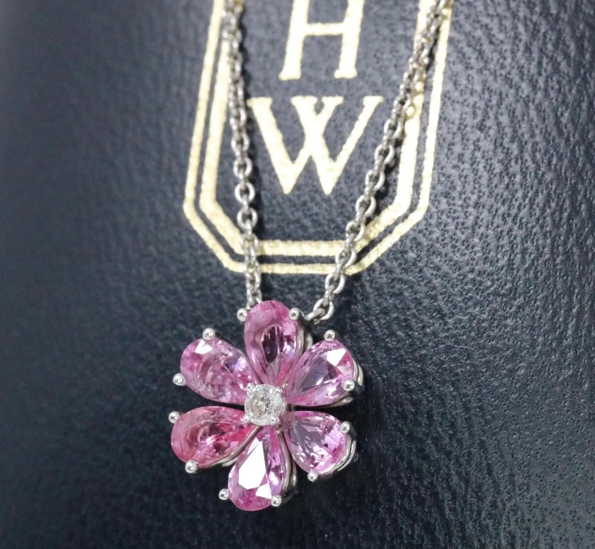 Harry Winston Forget-Me-Not diamond and pink sapphire flower pendant necklace