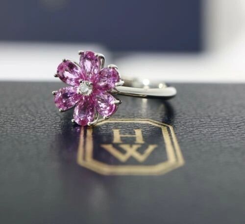 New Harry Winston Forget Me Not 2.27CT Diamond & Sapphire Flower Ring PT950