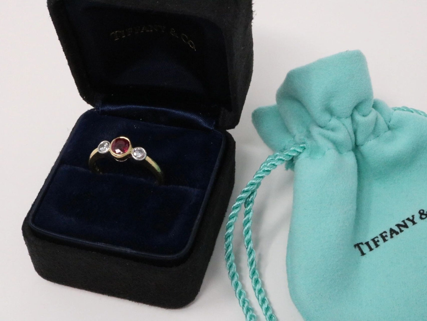 Tiffany & Co. Ruby and Diamond Three Stone Ring Yellow Gold & Platinum