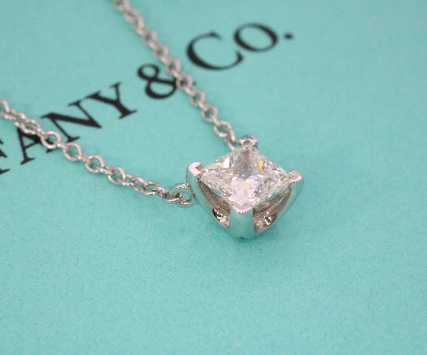 Tiffany & Co Platinum VVS2 H Princess Cut Solitaire Diamond Pendant Necklace 16”