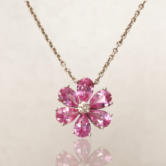 Harry Winston Forget-Me-Not diamond and pink sapphire flower pendant necklace