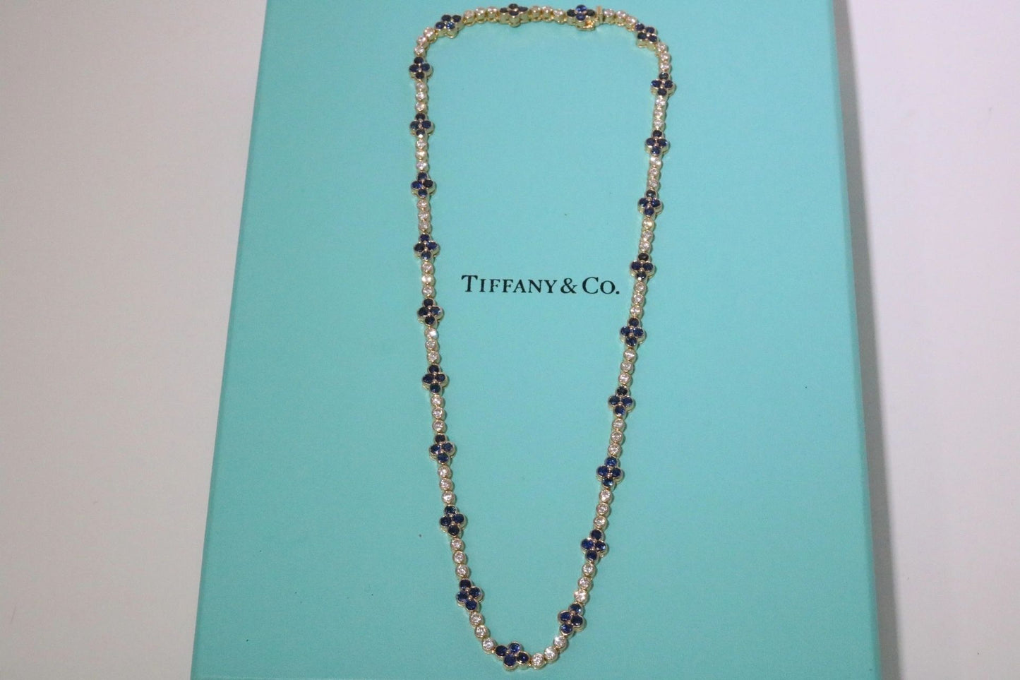 Tiffany & Co 8.05ctw Diamond and Blue Sapphire Tennis Necklace -18K Gold