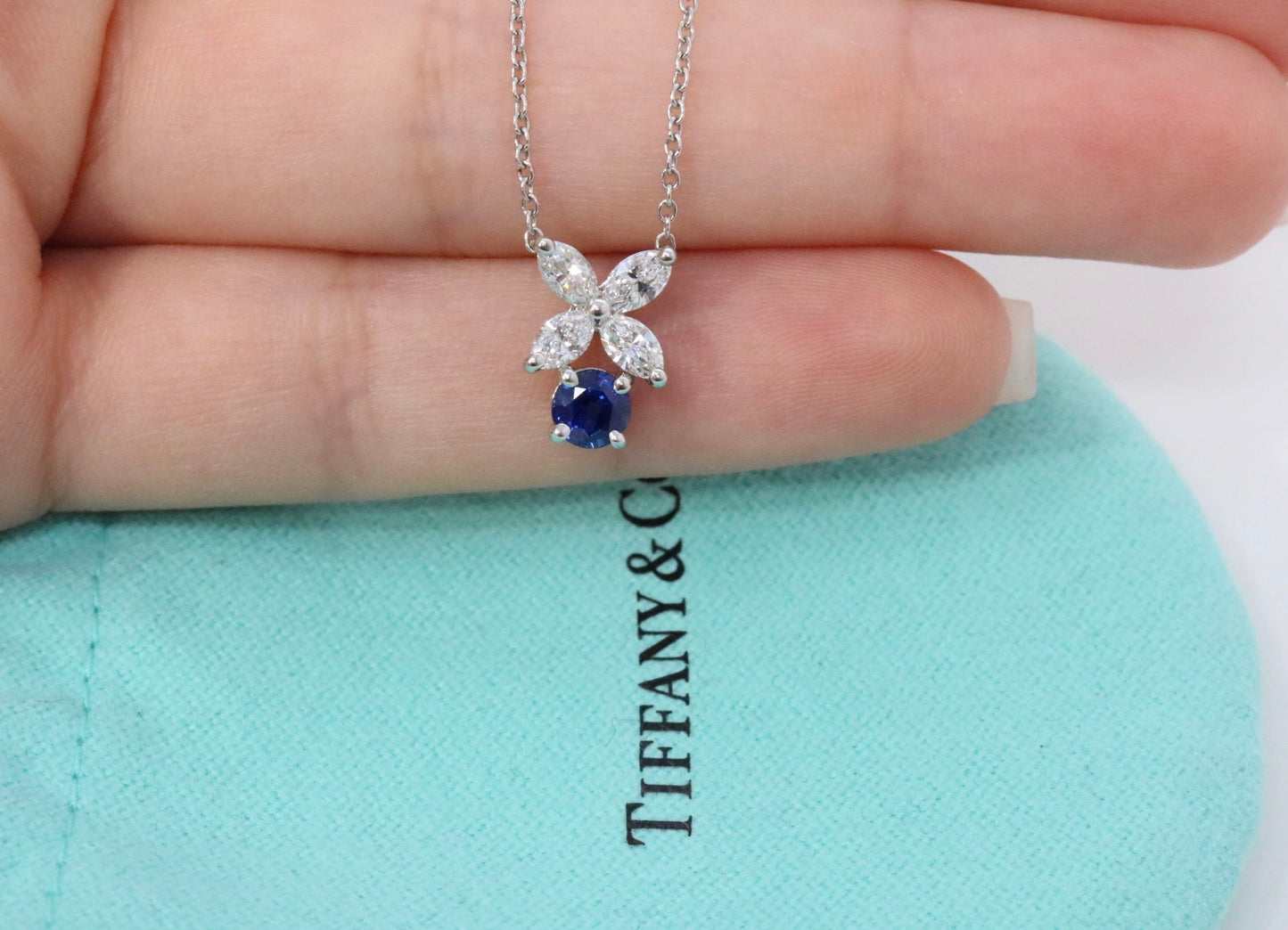 Tiffany & Co Victoria .78CT Diamond & Sapphire Pendant Necklace Platinum