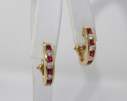 Tiffany & Co Ruby Diamond Channel Hoop Earrings 18k Yellow Gold