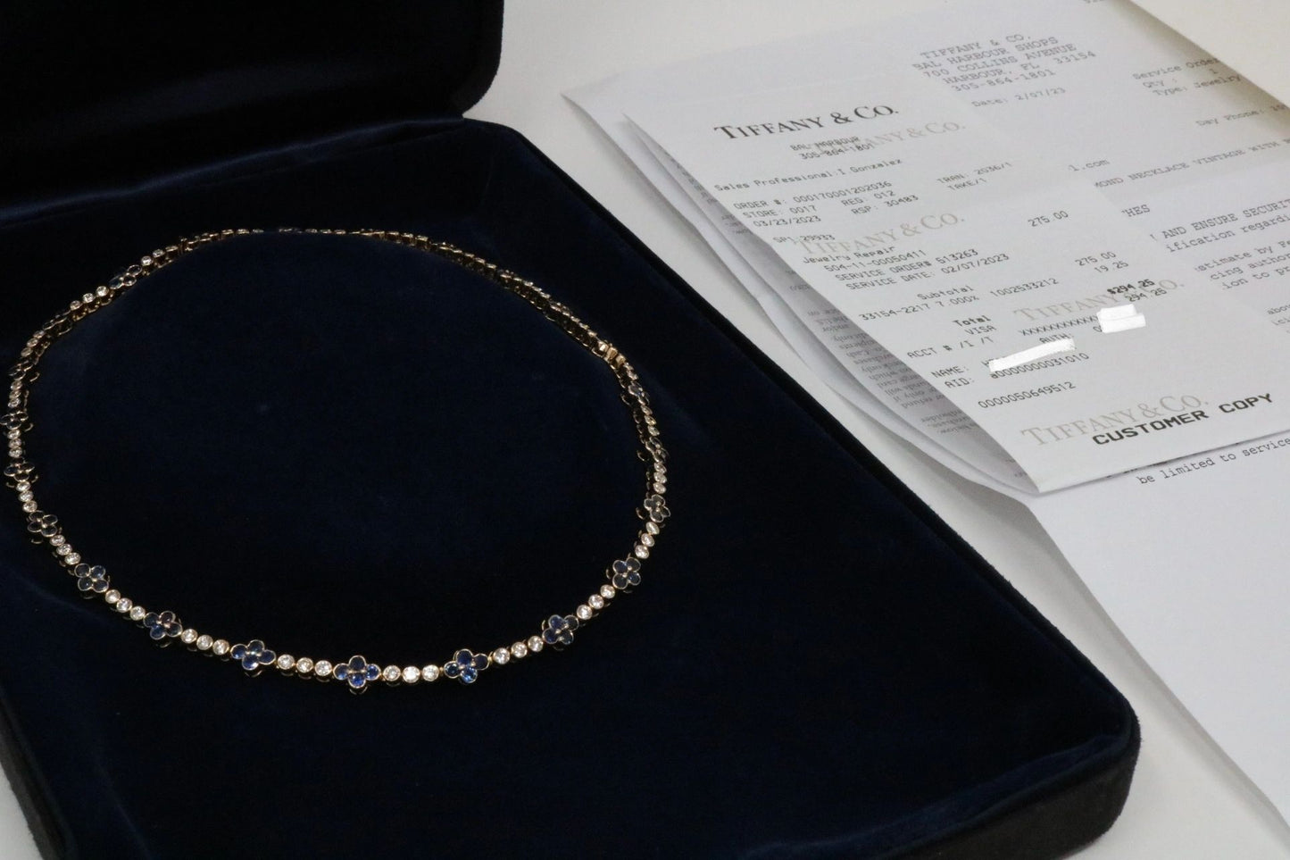 Tiffany & Co 8.05ctw Diamond and Blue Sapphire Tennis Necklace -18K Gold