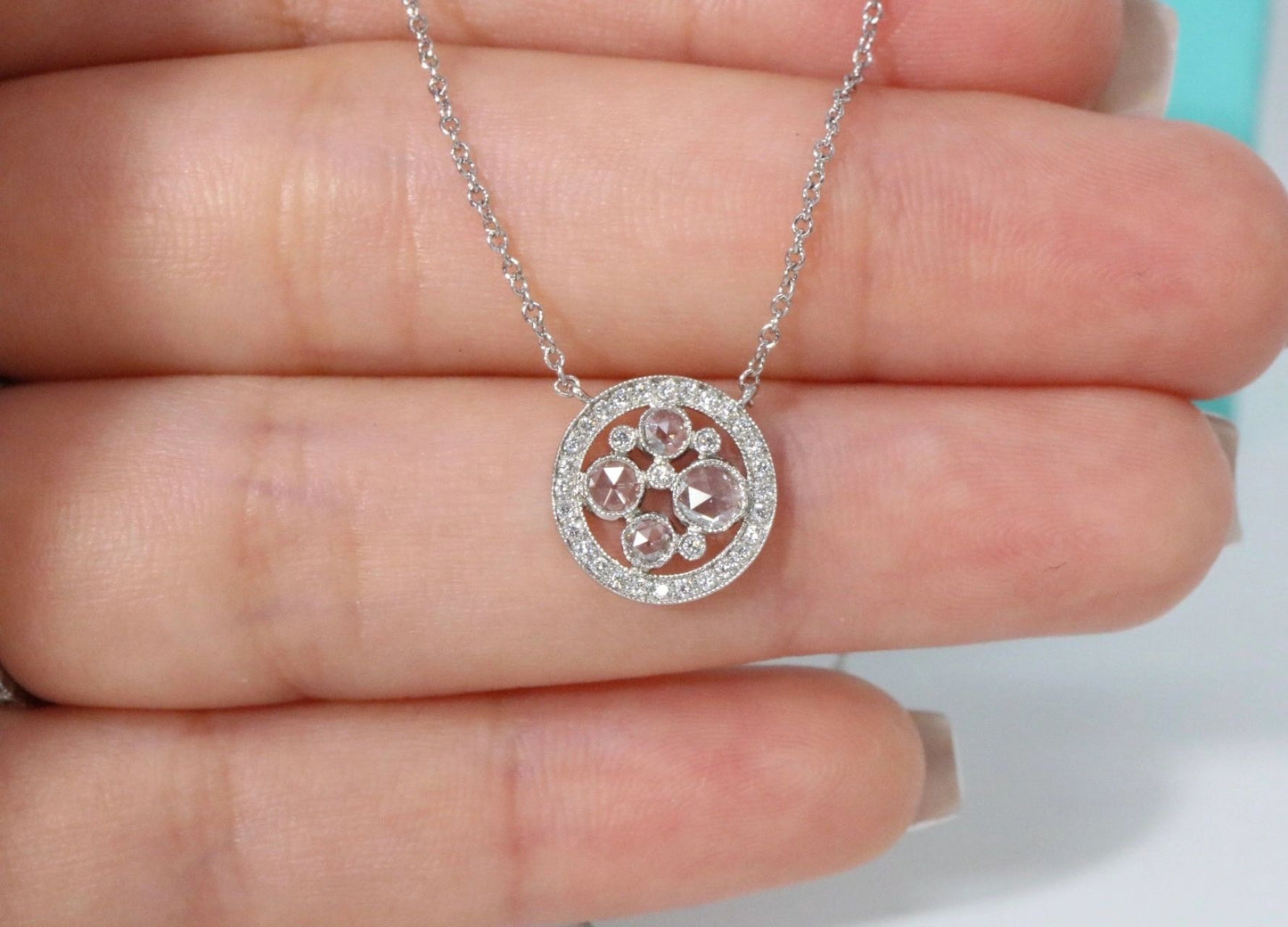 Tiffany & Co Platinum Cobblestone Diamond Rose Cut Pendant Necklace .35 TCW