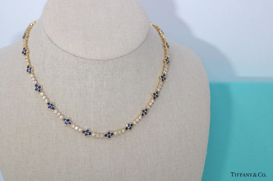 Tiffany & Co 8.05ctw Diamond and Blue Sapphire Tennis Necklace -18K Gold