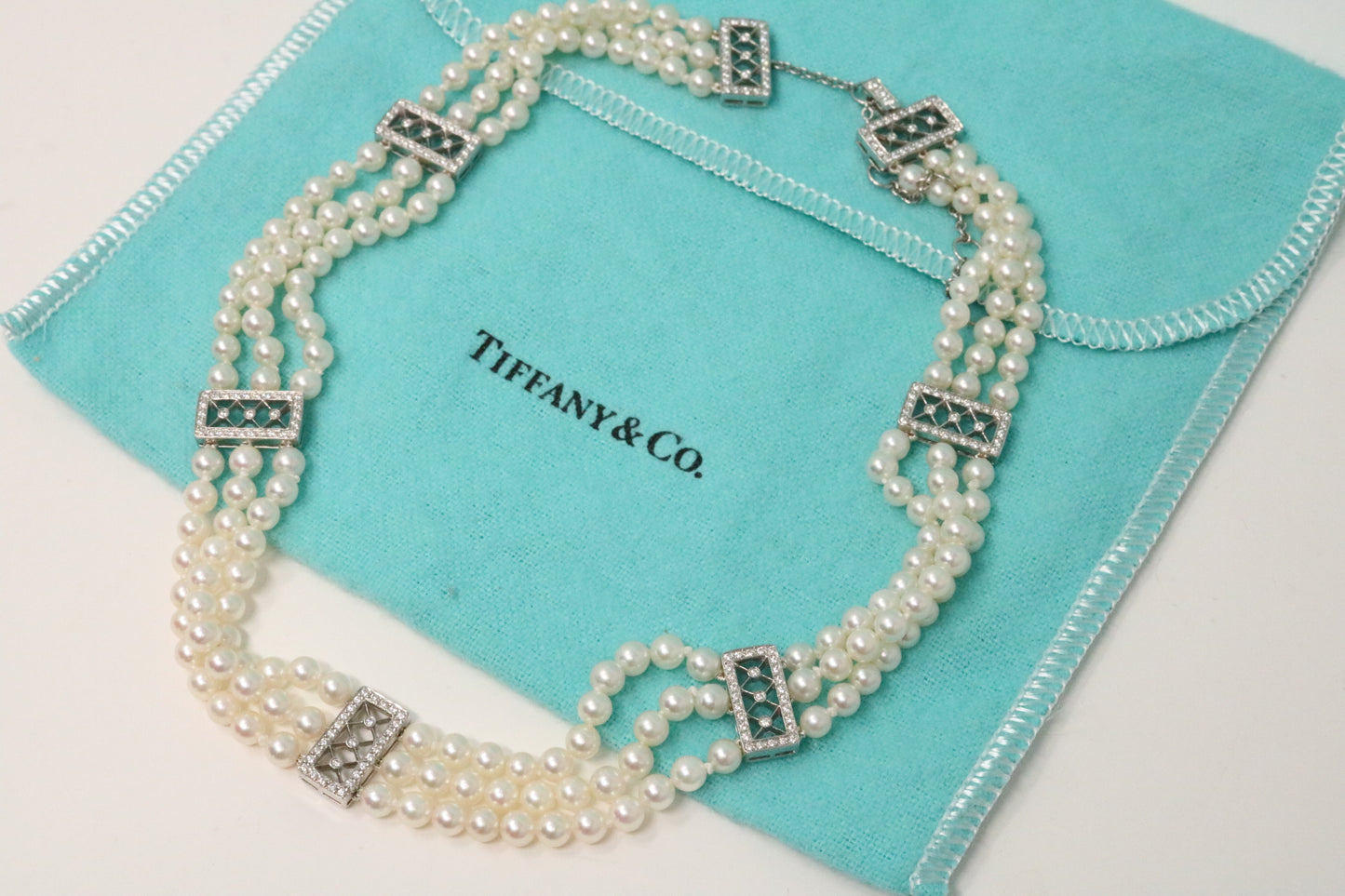 Tiffany & Co Diamond & Pearl Choker Necklace .66CTW Platinum 950 VOILE