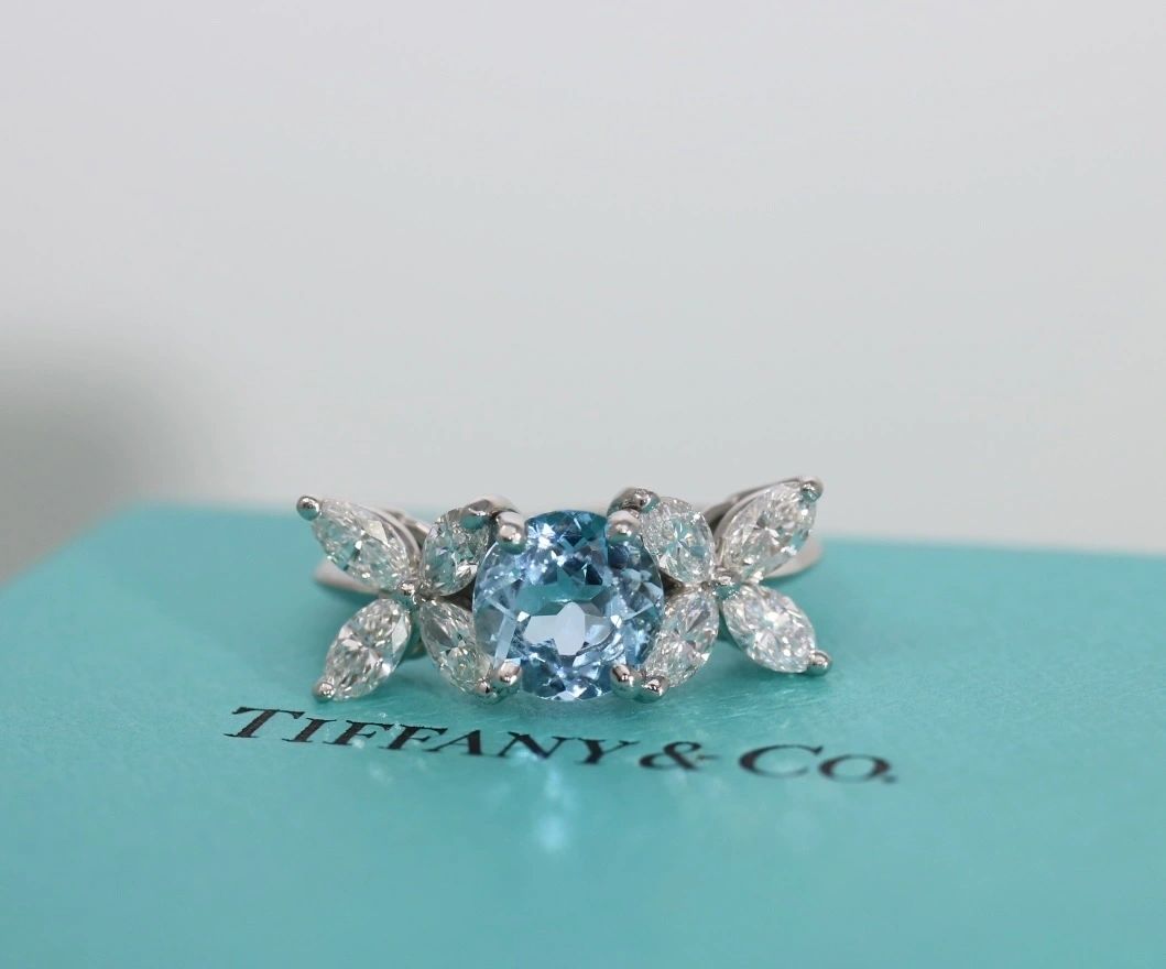 Tiffany & Co Victoria Aquamarine Diamond Ring 1.91CT Size 6 Platinum