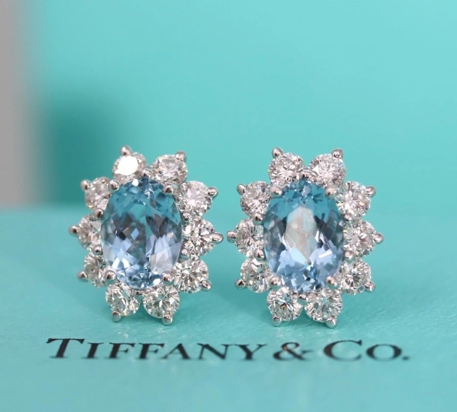 Tiffany & Co 4.10CT Diamond and Aquamarine Stud Earrings Platinum Large