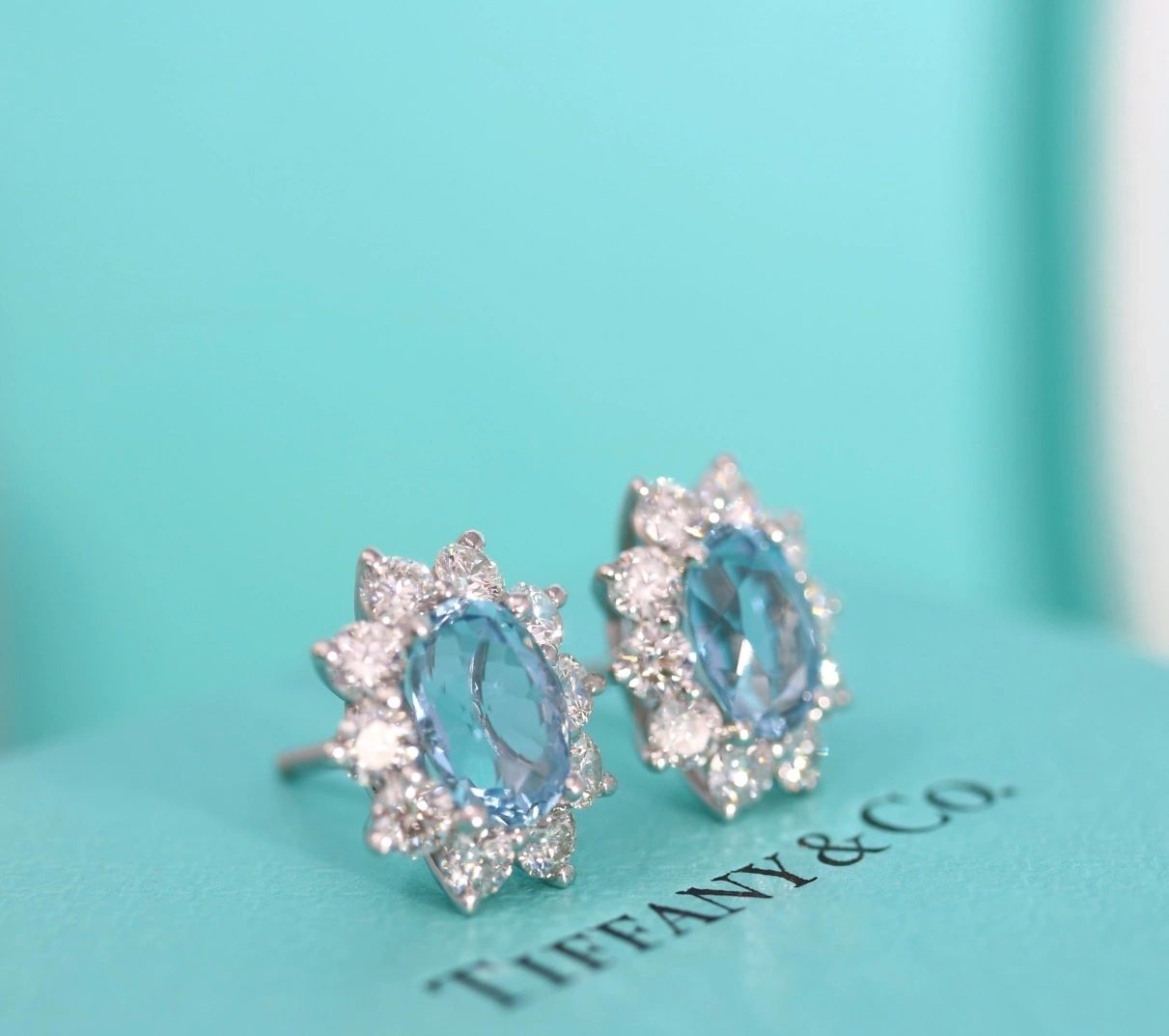 Tiffany & Co 4.10CT Diamond and Aquamarine Stud Earrings Platinum Large