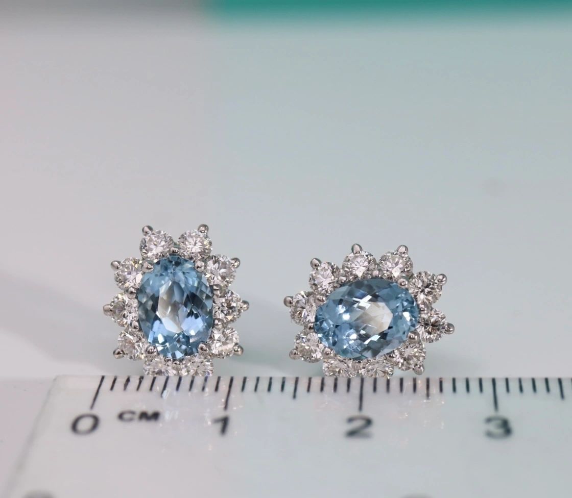 Tiffany & Co 4.10CT Diamond and Aquamarine Stud Earrings Platinum Large