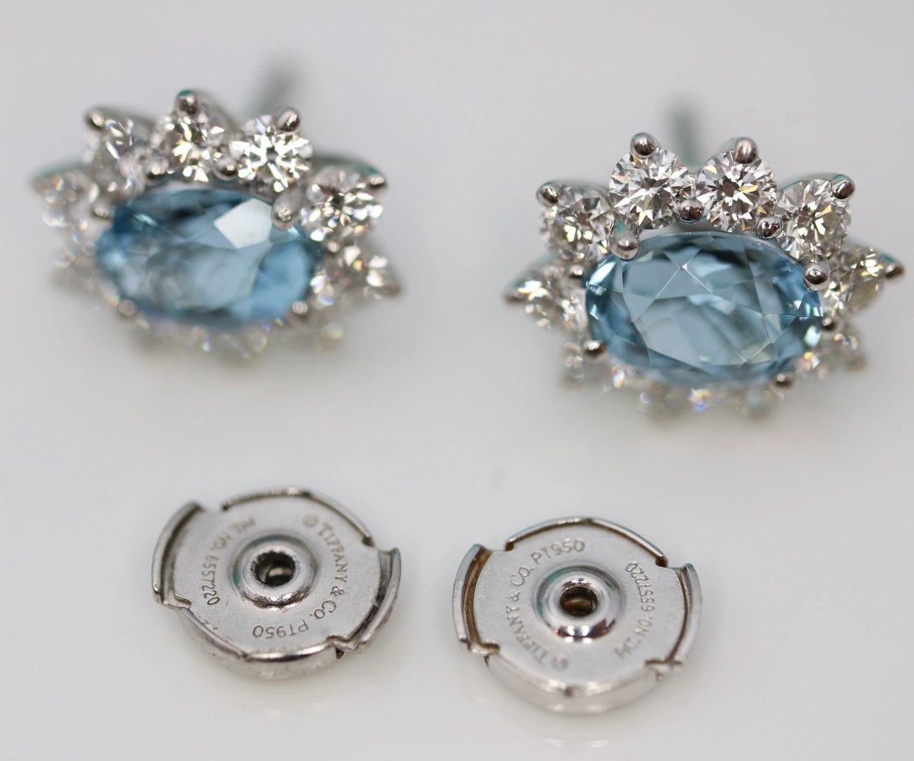 Tiffany & Co 4.10CT Diamond and Aquamarine Stud Earrings Platinum Large