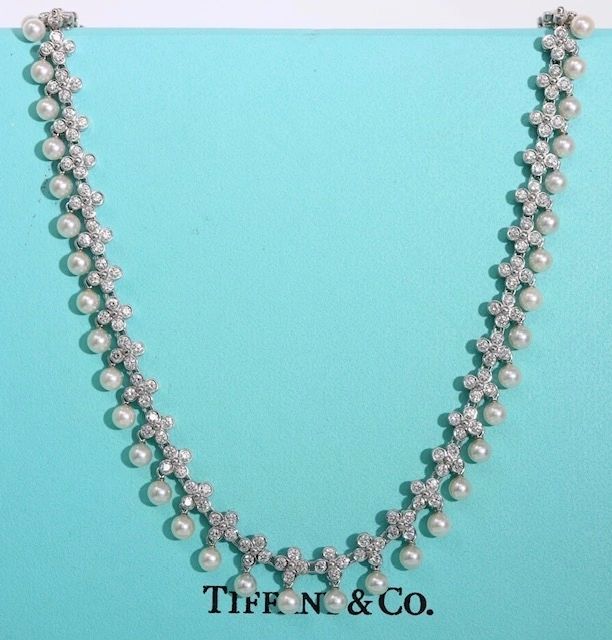 Tiffany & Co Lace 5.0CTW Diamond Pearls Tennis Necklace In Platinum