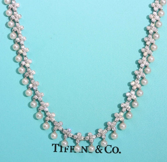 Tiffany & Co Lace 5.0CTW Diamond Pearls Tennis Necklace In Platinum